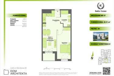 Rzut - Mieszkanie na sprzedaż 2 pokoje o powierzchni 46,19 m² - numer 03.M.57 w Dom Architekta