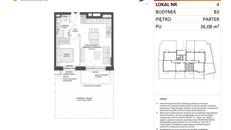 Rzut - Mieszkanie na sprzedaż 2 pokoje o powierzchni 36,08 m² - numer B3.4 w Osiedle Przy Błoniach 3 etap III