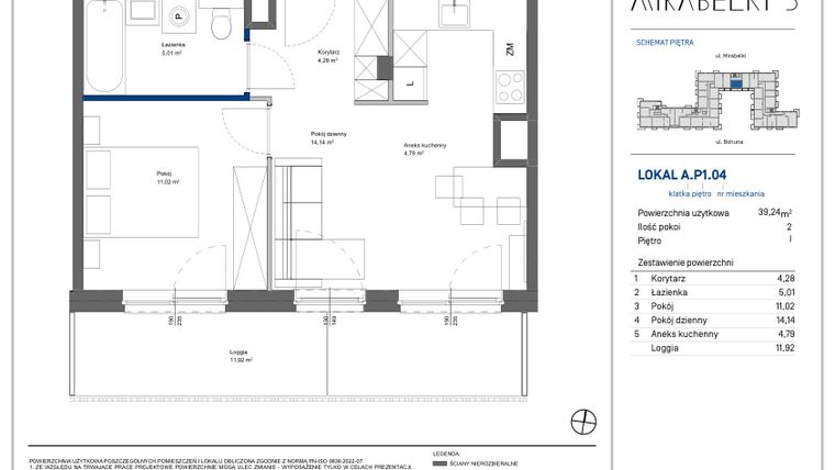Rzut - Mieszkanie na sprzedaż 2 pokoje o powierzchni 39,46 m² - numer A.P1.04 w Mirabelki 5