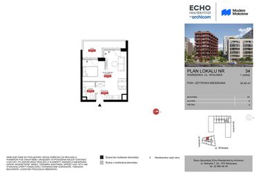 Rzut - Mieszkanie na sprzedaż 1 pokój o powierzchni 34,45 m² - numer B1.34 w Modern Mokotów