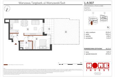 Rzut - Mieszkanie na sprzedaż 2 pokoje o powierzchni 40,23 m² - numer WS-L-A007 w Warszawski Świt etap XII