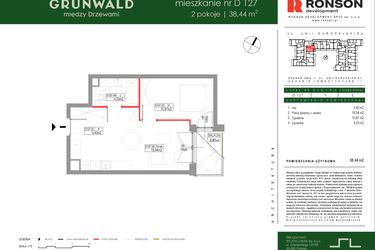 Rzut - Mieszkanie na sprzedaż 2 pokoje o powierzchni 38,44 m² - numer D127 w Grunwald Między Drzewami etap III