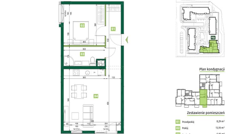 Rzut - Mieszkanie na sprzedaż 2 pokoje o powierzchni 53,68 m² - numer 9B.15 w Zielona Przystań etap III