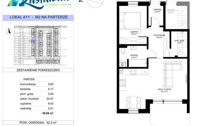 Rzut - Mieszkanie na sprzedaż 2 pokoje o powierzchni 49,88 m² - numer A.11 w Zastawna OdNova