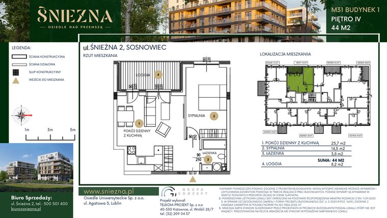 Rzut - Mieszkanie na sprzedaż 2 pokoje o powierzchni 44 m² - numer A31 w Śnieżna - Osiedle nad Przemszą