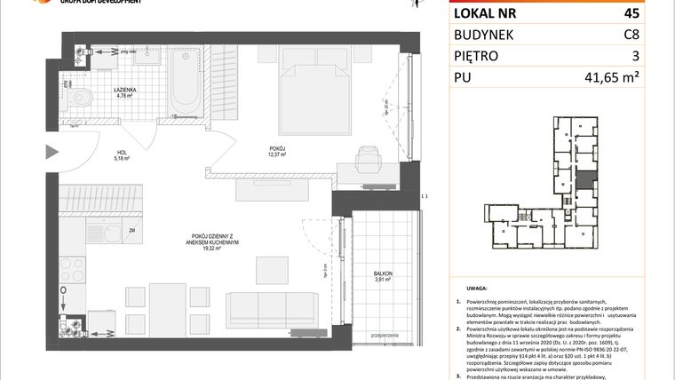 Rzut - Mieszkanie na sprzedaż 2 pokoje o powierzchni 41,65 m² - numer C8.45 w Konstelacja etap IV