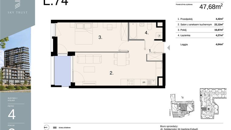 Rzut - Mieszkanie na sprzedaż 2 pokoje o powierzchni 47,68 m² - numer L74 w Sky Trust etap II - apartamenty inwestycyjne 23% VAT PRS