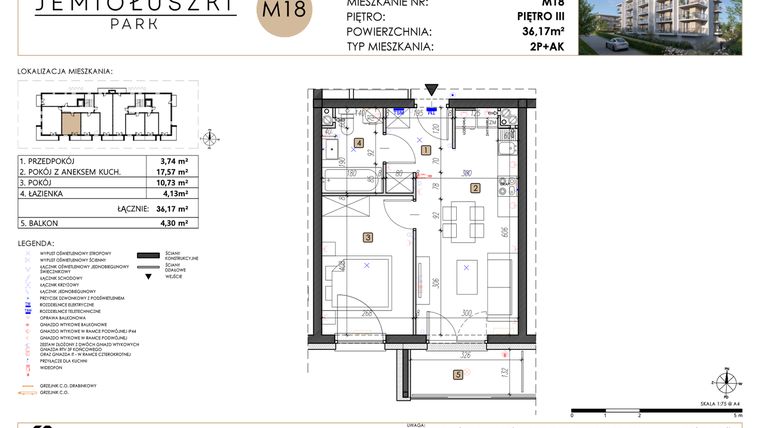 Rzut - Mieszkanie na sprzedaż 2 pokoje o powierzchni 36,11 m² - numer A2_M18 w Jemiołuszki Park etap 2