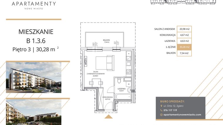 Rzut - Mieszkanie na sprzedaż 1 pokój o powierzchni 30,28 m² - numer B1.3.6 w Apartamenty Nowe Miasto