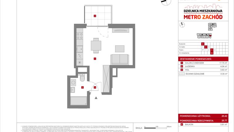 Rzut - Mieszkanie na sprzedaż 1 pokój o powierzchni 25,42 m² - numer B.59 w Dzielnica Mieszkaniowa Metro Zachód - etap 8.2