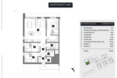 Rzut - Mieszkanie na sprzedaż 3 pokoje o powierzchni 100,55 m² - numer M8A w Rudava Park