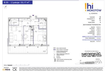 Rzut - Mieszkanie na sprzedaż 2 pokoje o powierzchni 53,17 m² - numer A1.B.55 w Hi Mokotów