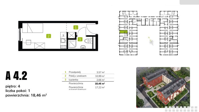 Rzut - Mieszkanie na sprzedaż 1 pokój o powierzchni 18,46 m² - numer A4.2 w Sołtysowicka 21C