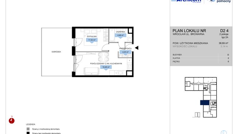 Rzut - Mieszkanie na sprzedaż 2 pokoje o powierzchni 38,69 m² - numer D2.4 w Bulwar Północny