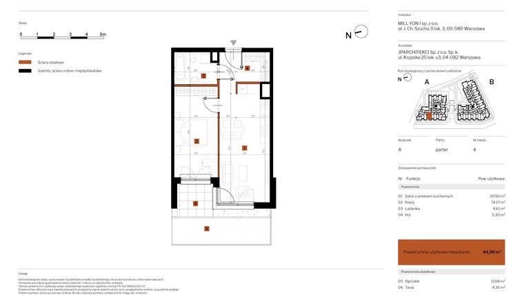 Rzut - Mieszkanie na sprzedaż 2 pokoje o powierzchni 44,98 m² - numer 4 w MY Głębocka