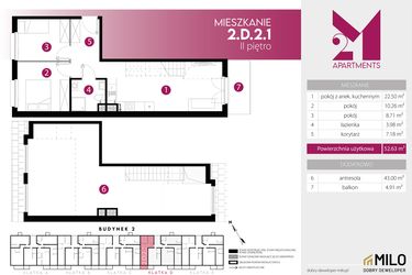 Rzut - Mieszkanie na sprzedaż 4 pokoje o powierzchni 95,63 m² - numer 2.D.2.1 w Maślice Wrocław Milo Dobry Deweloper etap III