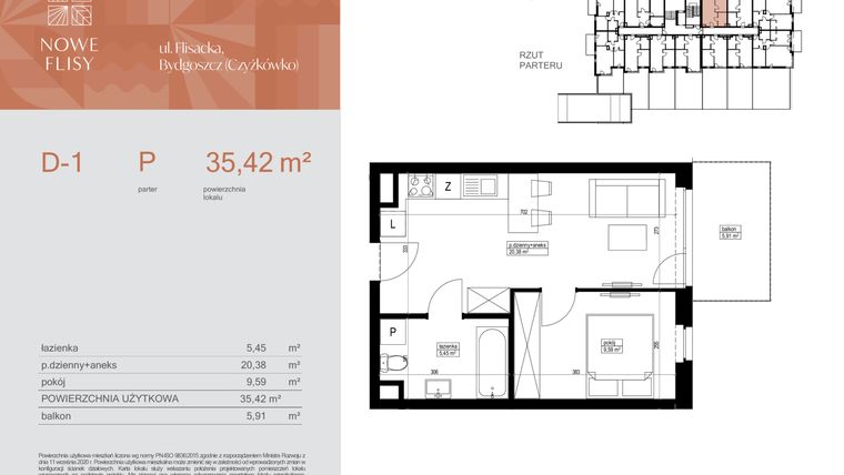 Rzut - Mieszkanie na sprzedaż 2 pokoje o powierzchni 35,42 m² - numer M1_NF.d w Nowe Flisy II