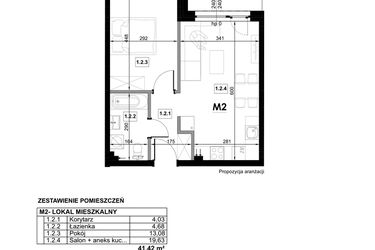 Rzut - Mieszkanie na sprzedaż 2 pokoje o powierzchni 41,42 m² - numer M2 w Miejska Premium II