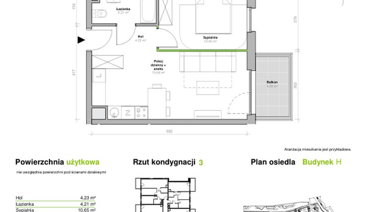 Rzut - Mieszkanie na sprzedaż 2 pokoje o powierzchni 38,67 m² - numer H.3.M03 w Przemyska Vita