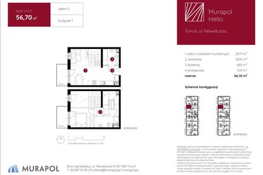 Rzut - Mieszkanie na sprzedaż 1 pokój o powierzchni 56,7 m² - numer 1.A.2.11 w Murapol Helio bud. 1 i 4