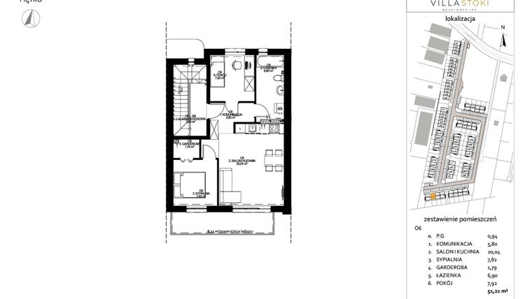 Rzut - Mieszkanie na sprzedaż 3 pokoje o powierzchni 51,21 m² - numer O6 w Villa Stoki (mieszkania)