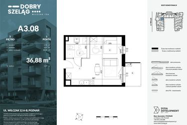Rzut - Mieszkanie na sprzedaż 1 pokój o powierzchni 36,88 m² - numer A3.08 w Dobry Szeląg