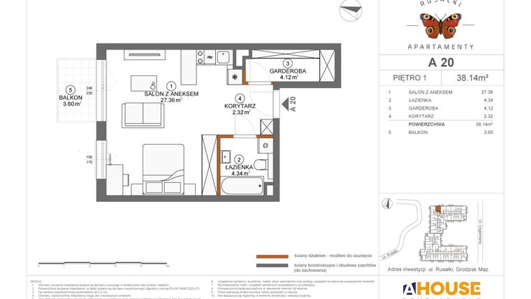 Rzut - Mieszkanie na sprzedaż 1 pokój o powierzchni 38,14 m² - numer A20 w Apartamenty Rusałki