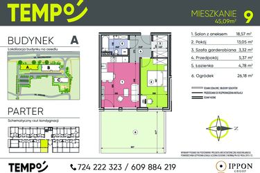 Rzut - Mieszkanie na sprzedaż 2 pokoje o powierzchni 45,09 m² - numer A9 w Osiedle TEMPO