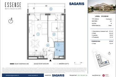 Rzut - Mieszkanie na sprzedaż 2 pokoje o powierzchni 41,9 m² - numer B1.B.00.04 w ESSENSE Baltic Resort&SPA 2 - apartamenty inwestycyjne