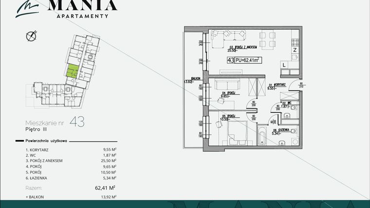 Rzut - Mieszkanie na sprzedaż 3 pokoje o powierzchni 62,41 m² - numer 43 w MANIA Apartamenty