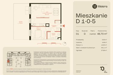 Rzut - Mieszkanie na sprzedaż 2 pokoje o powierzchni 48,7 m² - numer D1-0-5 w Osiedle Meiera