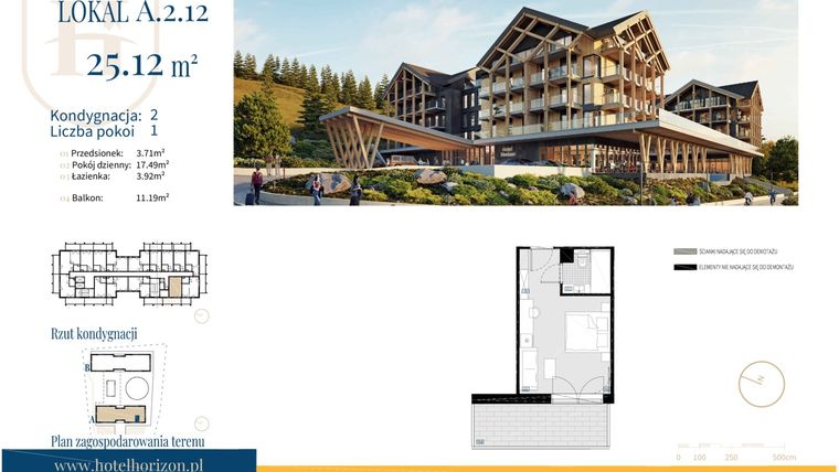 Rzut - Mieszkanie na sprzedaż 1 pokój o powierzchni 25,12 m² - numer A.2.12 w Horizon Hotel&Resort