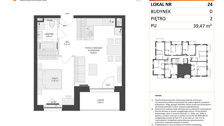 Rzut - Mieszkanie na sprzedaż 2 pokoje o powierzchni 39,47 m² - numer D.24 w Osiedle Warszawska etap II