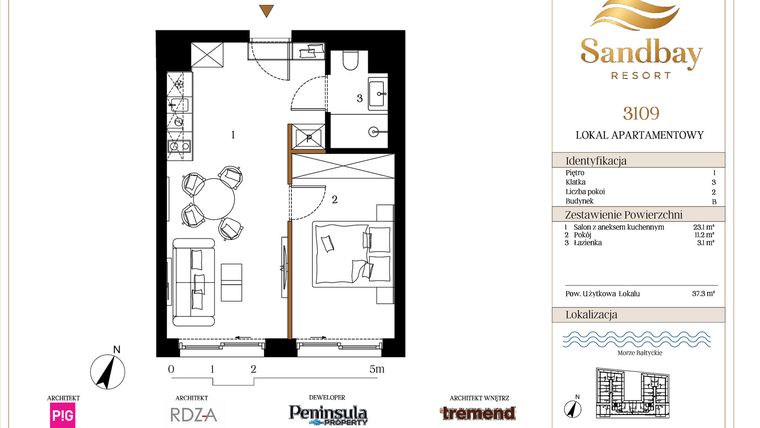 Rzut - Mieszkanie na sprzedaż 2 pokoje o powierzchni 37,3 m² - numer B3109 w The Elements Resort