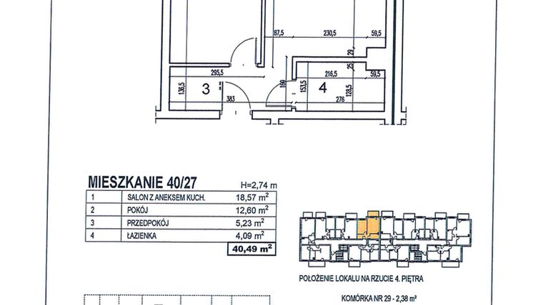 Rzut - Mieszkanie na sprzedaż 2 pokoje o powierzchni 40,49 m² - numer 40/27 w Osiedle Jodłowa bud. D