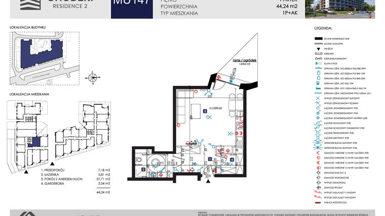 Rzut - Mieszkanie na sprzedaż 1 pokój o powierzchni 44,24 m² - numer MU147 w Chodźki Residence 2 - apartamenty inwestycyjne