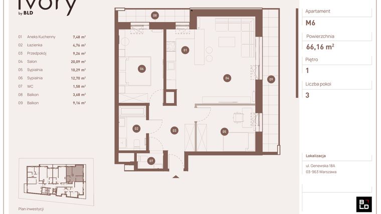Rzut - Mieszkanie na sprzedaż 3 pokoje o powierzchni 66,16 m² - numer M06 w Ivory
