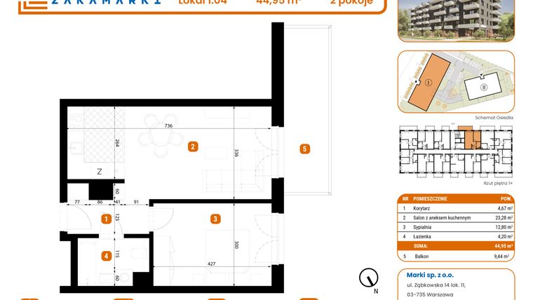Rzut - Mieszkanie na sprzedaż 2 pokoje o powierzchni 44,95 m² - numer B1/1/04 w Zakamarki