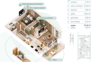 Rzut - Mieszkanie na sprzedaż 2 pokoje o powierzchni 51,62 m² - numer B.3.2 w Enklawa