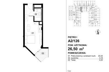 Rzut - Mieszkanie na sprzedaż 1 pokój o powierzchni 26,7 m² - numer 126 w Apollo Resort