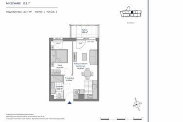 Rzut - Mieszkanie na sprzedaż 2 pokoje o powierzchni 38,41 m² - numer D.1.7 w Nowa Dąbrowa bud. DE
