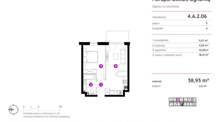Rzut - Mieszkanie na sprzedaż 2 pokoje o powierzchni 38,93 m² - numer 4.A.2.06 w Murapol Osiedle Dynamiq