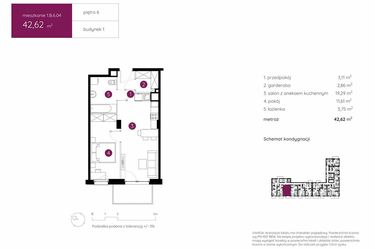 Rzut - Mieszkanie na sprzedaż 2 pokoje o powierzchni 42,62 m² - numer 1.B.6.04 w Murapol Urcity