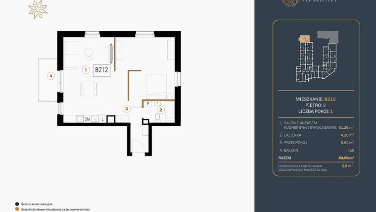 Rzut - Mieszkanie na sprzedaż 1 pokój o powierzchni 62,06 m² - numer B.212 w Rezydencja Śródmiejska