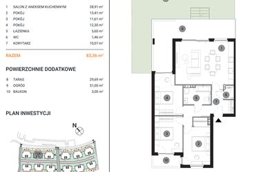 Rzut - Mieszkanie na sprzedaż 4 pokoje o powierzchni 83,36 m² - numer 12A.1 w Wille Miejskie Lekcyjna