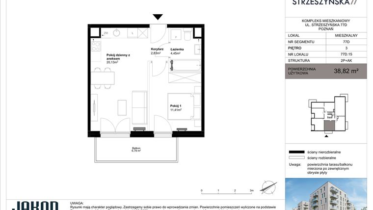 Rzut - Mieszkanie na sprzedaż 2 pokoje o powierzchni 38,82 m² - numer 77D.15 w Strzeszyńska 77