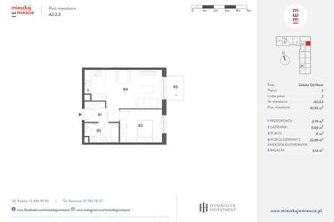 Rzut - Mieszkanie na sprzedaż 2 pokoje o powierzchni 42,92 m² - numer A2.2.3 w Mieszkaj w Mieście - Załęska od Nowa