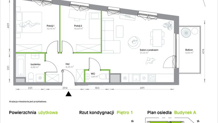 Rzut - Mieszkanie na sprzedaż 3 pokoje o powierzchni 65,19 m² - numer A/1/38 w Krakowska Vita