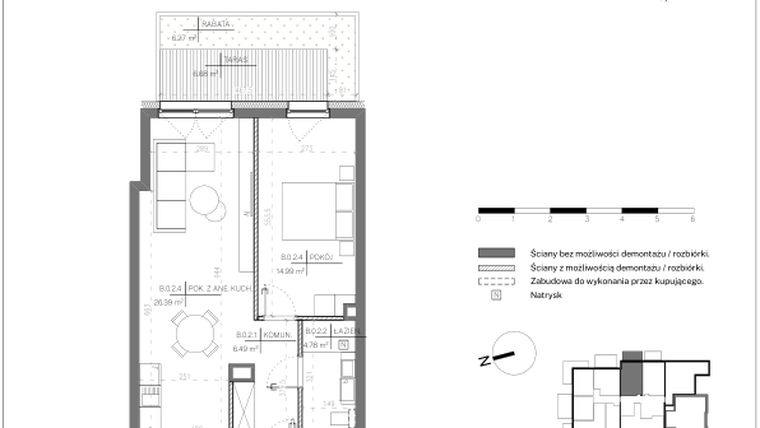 Rzut - Mieszkanie na sprzedaż 2 pokoje o powierzchni 52,65 m² - numer B.0.2 w Polanka 21
