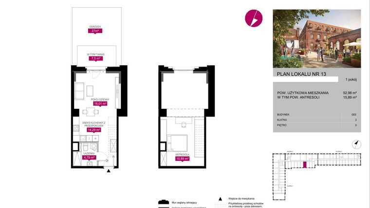 Rzut - Mieszkanie na sprzedaż 1 pokój o powierzchni 52,97 m² - numer G2.13 w Fuzja Lofty